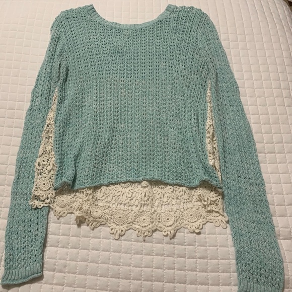 Women's Aqua Blue Sweater with Cream Crochet Lace Back - Picture 2 of 4